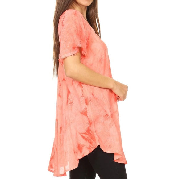 Sakkas Hana Tie Dye Relaxed Fit Embroidery Cap Sleeves Peasant Batik Blouse - Picture 3 of 7